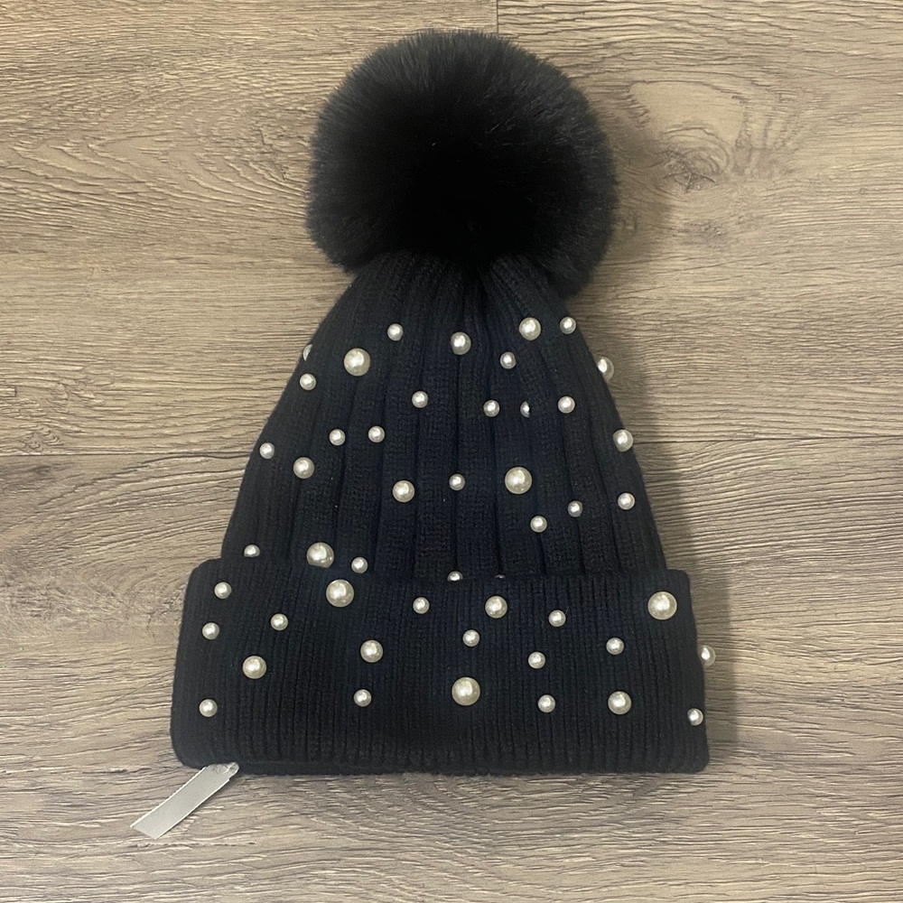NWT Black Beanie with Pearl Accents